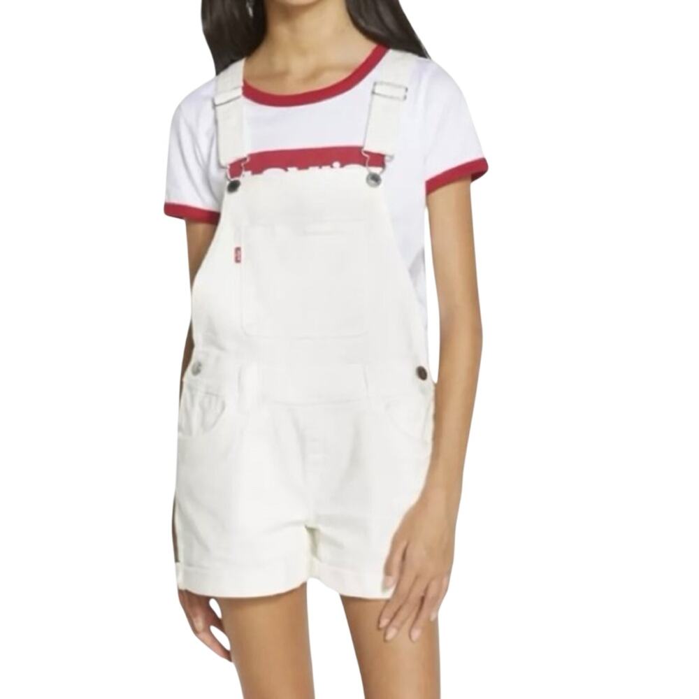 Levi's Girls Denim Shortalls White Size 12 Cutoffs Frayed Hem Adjustable Straps
